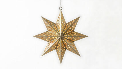modern geometric golden star lantern illuminates with warm light on a clean white background ideal for holiday season designs and festive decor concepts