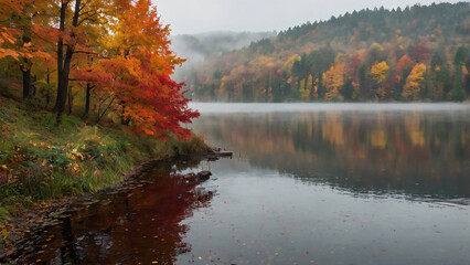 "Serene autumn landscape with vibrant fall foliage and colorful trees reflecting in a calm misty lake."