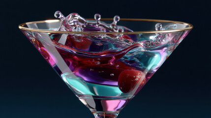 Dynamic cocktail swirl in glass captures vibrant splash with red cherry inside on dark background