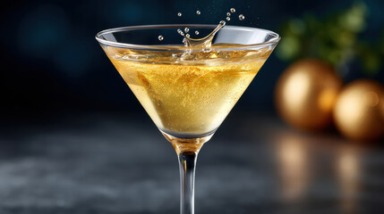 Dynamic golden cocktail with swirl of liquid in glass creating splash and bubbles in festive setting