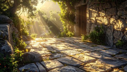Sunbeams stream through lush green foliage onto an ancient stone pathway leading to a rustic wooden door creating a magical and serene atmosphere