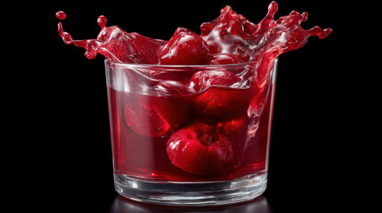 Dynamic red cocktail with cherry swirl in glass splashing against black background