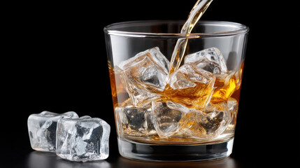 Dynamic swirl in glass with cocktail and ice cubes pouring liquid on black background