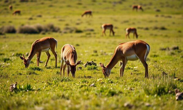 Herd of graceful antelope-like animals grazing peacefully in a sun-drenched, expansive green prairie landscape.