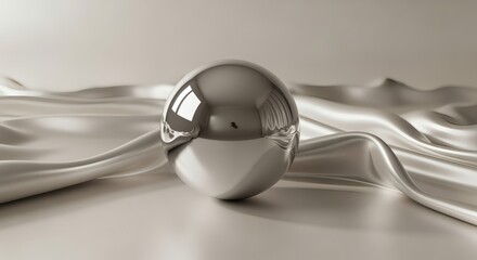 Shiny chrome sphere rests on ivory folded silk fabric with mirror reflections sophisticated. Fashion concept