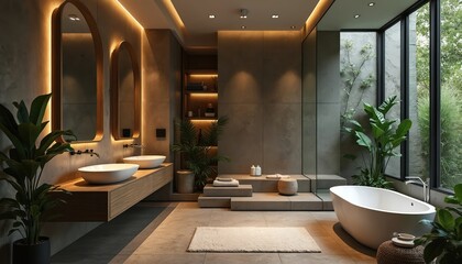 Modern spa bathroom features freestanding tub plants and dual sinks. Natural stone walls and warm ambient lighting create a serene, relaxing atmosphere for a luxurious home or hotel retreat.