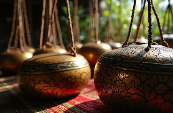 Golden bronze Javanese gamelan percussion instruments hang ready for use. Intricate floral carvings adorn bonang, kenong pots. Traditional Asian music orchestra prepares for performance with melodic