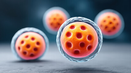 Embryonic cells culture show detailed structure with orange spherical shapes surrounded by translucent membranes scientific