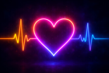 Vibrant neon heart symbol with dynamic ECG line