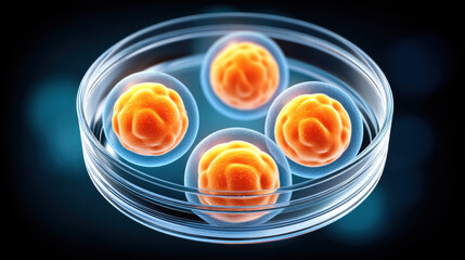 Embryonic cells in culture show vibrant orange clusters inside transparent petri dish under blue light in scientific research