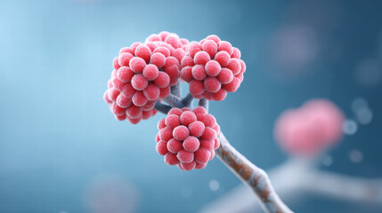 Embryonic cells culture show clustered red spheres branch with soft blue background creating scientific and delicate visual