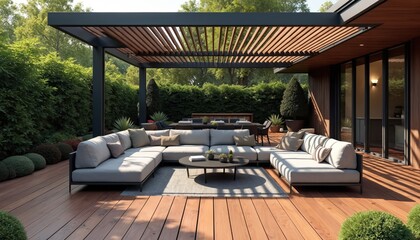 Modern outdoor lounge area with sectional sofa coffee table and dining set under wooden slat pergola. Relaxing deck space with green hedge wall and patio furniture.