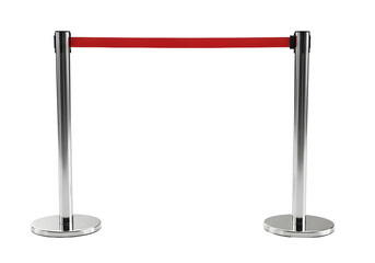 Red velvet rope barrier with chrome stanchions isolated on transparent background