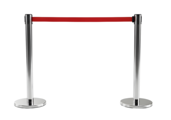 Red velvet rope barrier with chrome stanchions isolated on transparent background