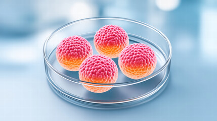 Embryonic cells in culture shown as pink spherical clusters in clear petri dish under soft blue light for scientific research