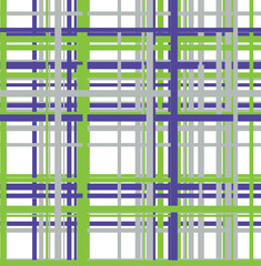 This image displays an abstract plaid pattern composed of intersecting vertical and horizontal lines. The pattern features lines in three distinct colors: bright green, deep purple, and light gray. 