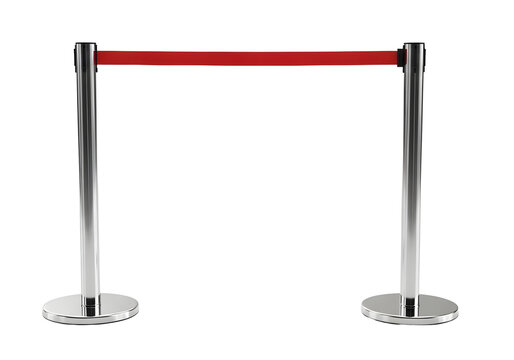 Red velvet rope barrier with chrome stanchions isolated on transparent background