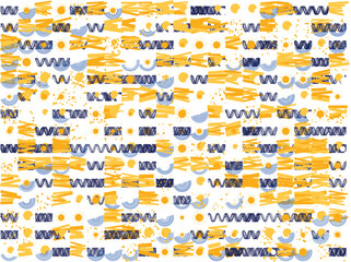 This abstract digital pattern features an array of simple shapes in shades of yellow and blue against a white background. The repeating elements include rough yellow strokes, wavy blue lines, semicirc