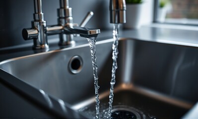 Water flows from two modern chrome faucets into a gleaming stainless steel kitchen sink, highlighting a clean, contemporary kitchen.