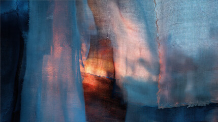 Abstract textured fabric with warm light shining through the fibers. Close-up view of layered textiles with a warm glow illuminating the textured material.