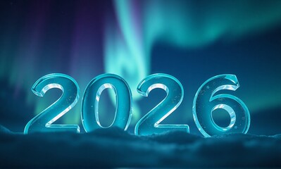 Luminescent ice numbers representing a future year stand on a frosty surface under a vibrant, swirling aurora borealis sky.
