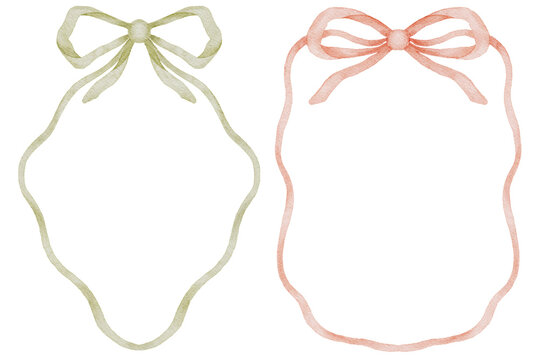 Watercolor ribbon bow frames. Soft pink and green outlines. Delicate festive decor.