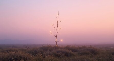 A lone tree with lights in a field under a pastel pink and purple sky at dusk time