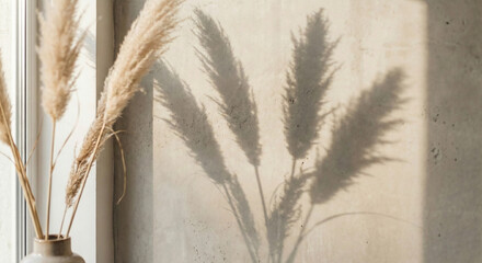 Soft dried pampas grass shadow on concrete wall