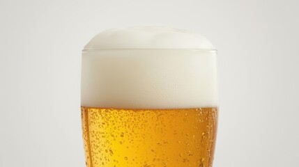 A close up shot of a full glass of beer with a thick white head on a white background