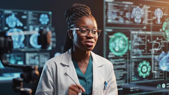 Female neurologist analyzing complex brain scan data on futuristic digital screens in a high-tech laboratory environment