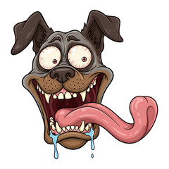 Crazy dog head cartoon with bloodshot eyes and tongue hanging out.