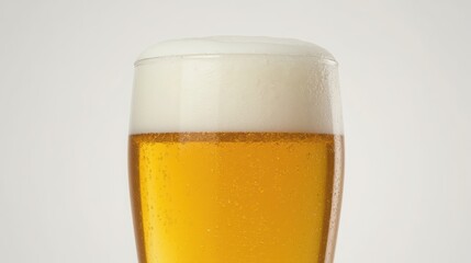 Close up of a glass of beer with a thick white head against a white background view