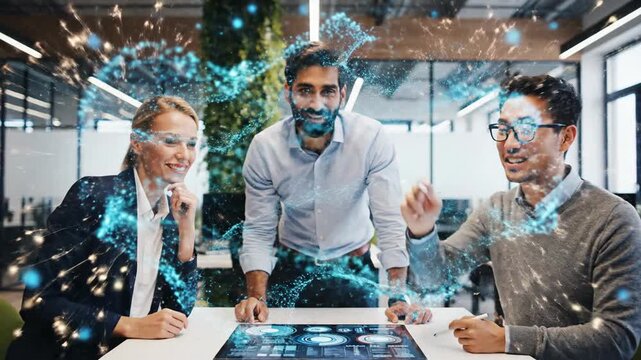 Diverse business professionals collaborating with advanced augmented reality technology in a modern office, visualizing complex data and driving innovation for future success