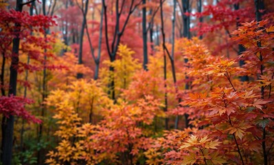 Fototapeta premium Vibrant autumn leaves create a stunning display of fiery reds, bright oranges, and warm yellows in a dense, colorful forest landscape.