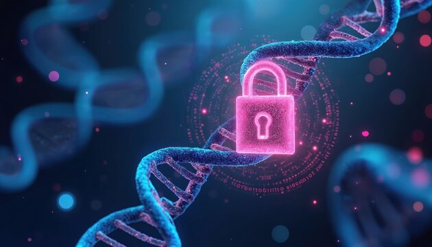 DNA helix secured with padlock overlay. Digital pattern surrounds gene strand. Binary code and data encryption theme. Scientific research protection concept illustration.
