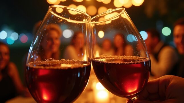 Copas de vino tintineando durante una celebraci&oacute;n nocturna, luces c&aacute;lidas reflej&aacute;ndose en las superficies de los vidrios
