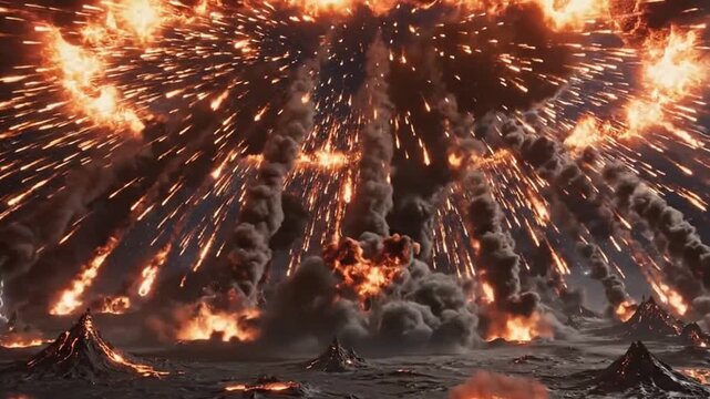 A cataclysmic fiery explosion rips through a desolate landscape, showering the dark sky with burning debris and dense smoke, signifying immense destruction