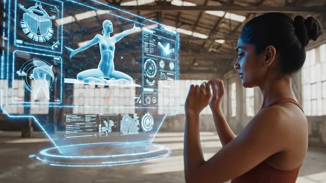 Woman interacting with futuristic holographic display of human anatomy for fitness analysis