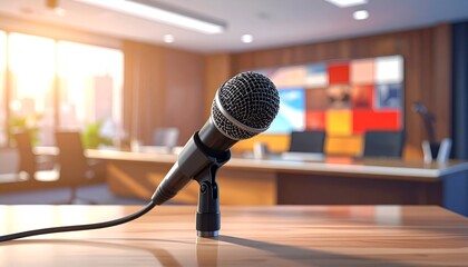 Close-up of a microphone on a wooden table, in a brightly lit conference room