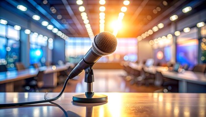A conference room focus on a microphone, bright lights and blurry background