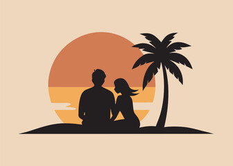 Couple in love sitting together on tropical beach during sunset