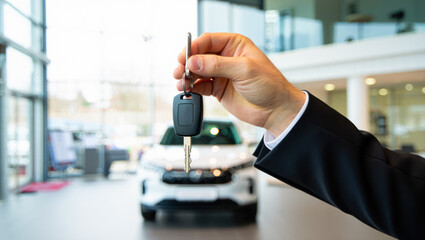 Car key handover in dealership showroom highlighting new vehicle purchase. new car sales, showcasing vehicles, automotive industry promotion, car buying, electric car special offer, sale