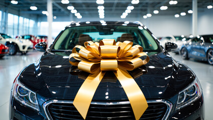 New black car with large golden bow in showroom, car sales promotions, gift presentations, festive events, luxury brand marketing, dealership advertising, electric car special offer
