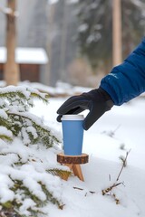 A person hand wearing winter gloves is taking a paper coffee cup which is placed on a small wooden table
