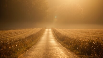 A straight road through golden fields disappearing into a hazy and foggy distance