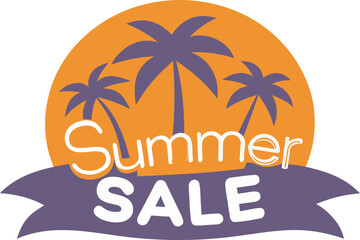Colorful summer sale badge with palm trees and playful typography