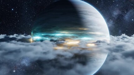 A breathtaking view of a vibrant exoplanet, its illuminated cities shimmering through dense atmospheric clouds in the depths of a starlit cosmic expanse