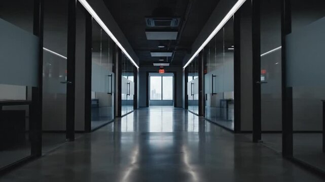 Modern office hallway with glass-walled cubicles and empty workspace