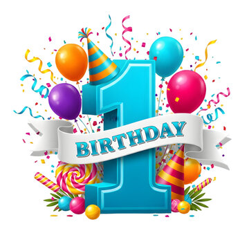 Colorful 1st birthday celebration with balloons isolated on transparent background