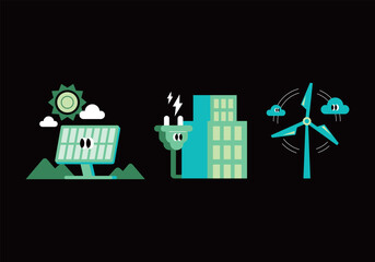 Sustainable Energy Solutions Flat Icons. energy saving. resource management. efficiency.